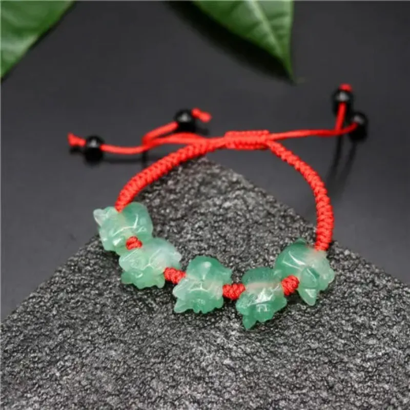 Natural Green Jade Pig Beads Bracelet Adjustable DIY Bangle Charm Jewellery Fashion Accessories Hand-Carved Luck Amulet Gifts