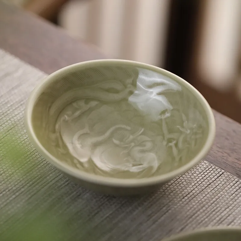 Guanfu Museum Recommended Secret Color Yue Kiln-Dragon Pattern Cup Celadon Kiln Yue Kiln Glaze Color Jingdezhen Tea Set Ceramic