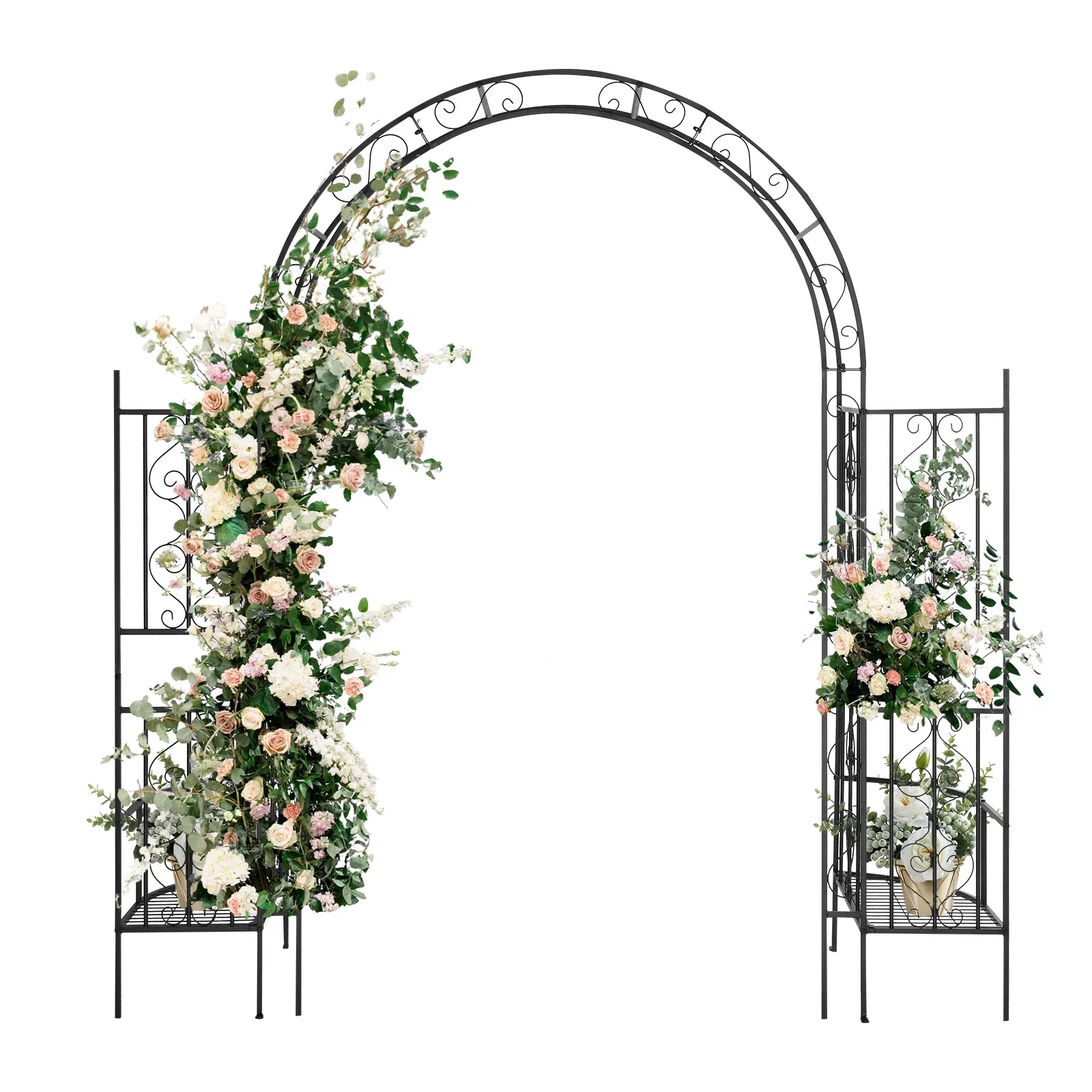 

7ft double-layer curved roof with screen, planting frame, black wrought iron arch, suitable for weddings, parties, and garden gr