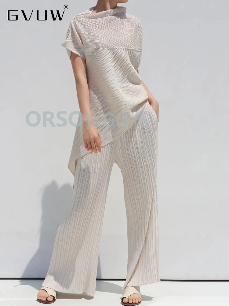 

GVUW Pleated Chic Style 2 Pieces Set Loose Irregular Short Sleeve T Shirt + Wide Leg Trousers New 2024 Fashion Sets 17G7736