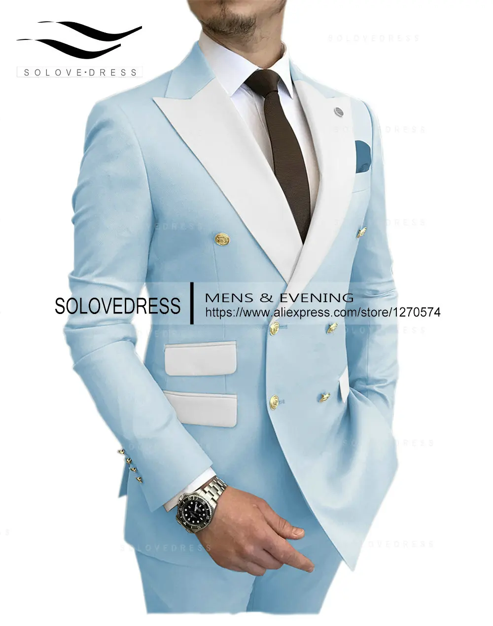 SOLOVEDRESS New Men's Suit Green Double-breasted White Lapel Fashion Groom Best Man Wedding Party (Blazer + Pants) X