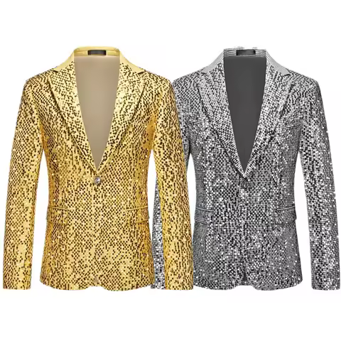 New Men's Banquet &amp; Party Luxury Sequined Suit, Gold/Silver Two-Tone European Size Fashion Singer Host Stage Performance Jacket