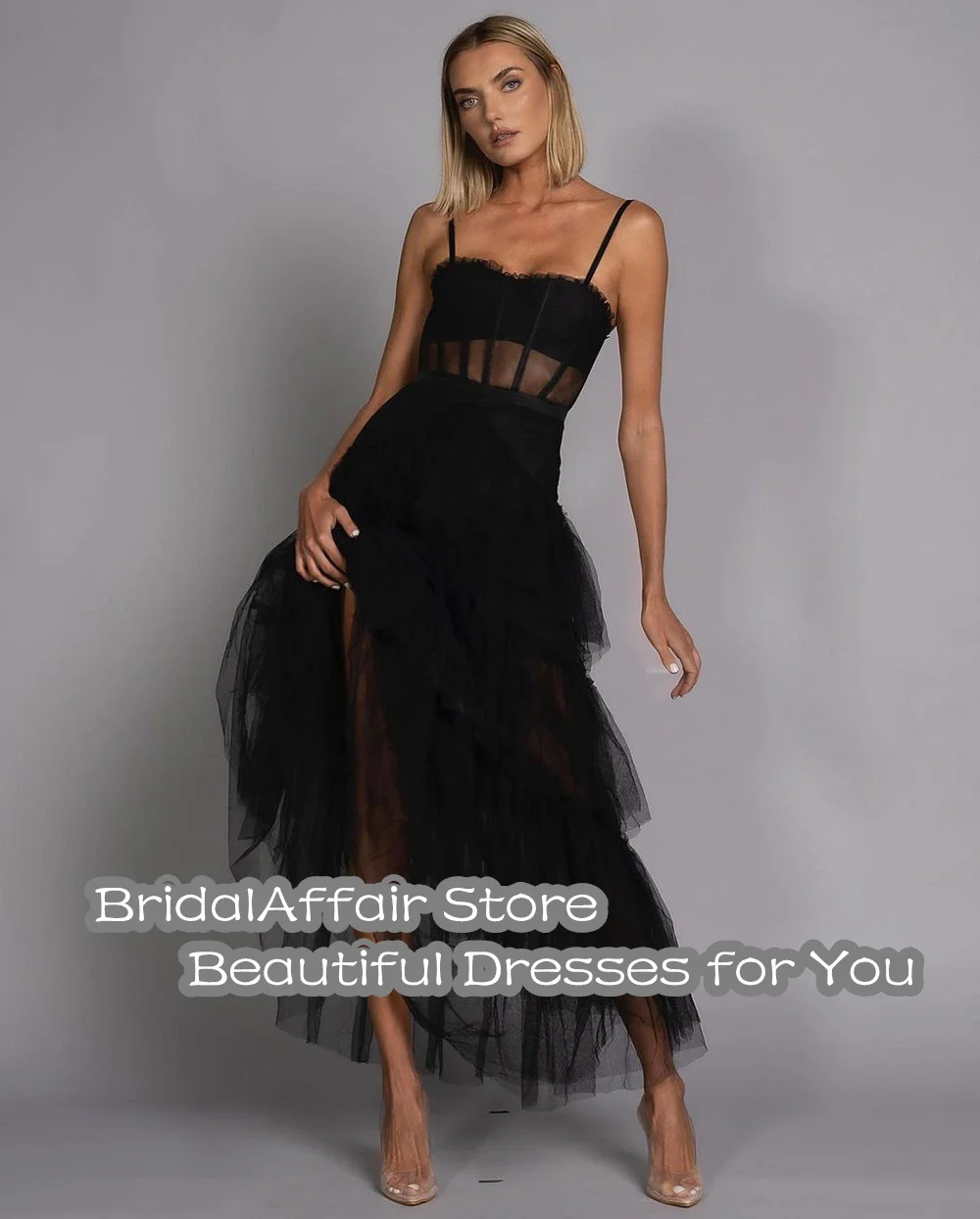 BridalAffair Elegant Black Tulle Prom Dresses Tiered Ruffles Long Evening Gowns Spaghetti Strap Dubai Women Formal Party Dress