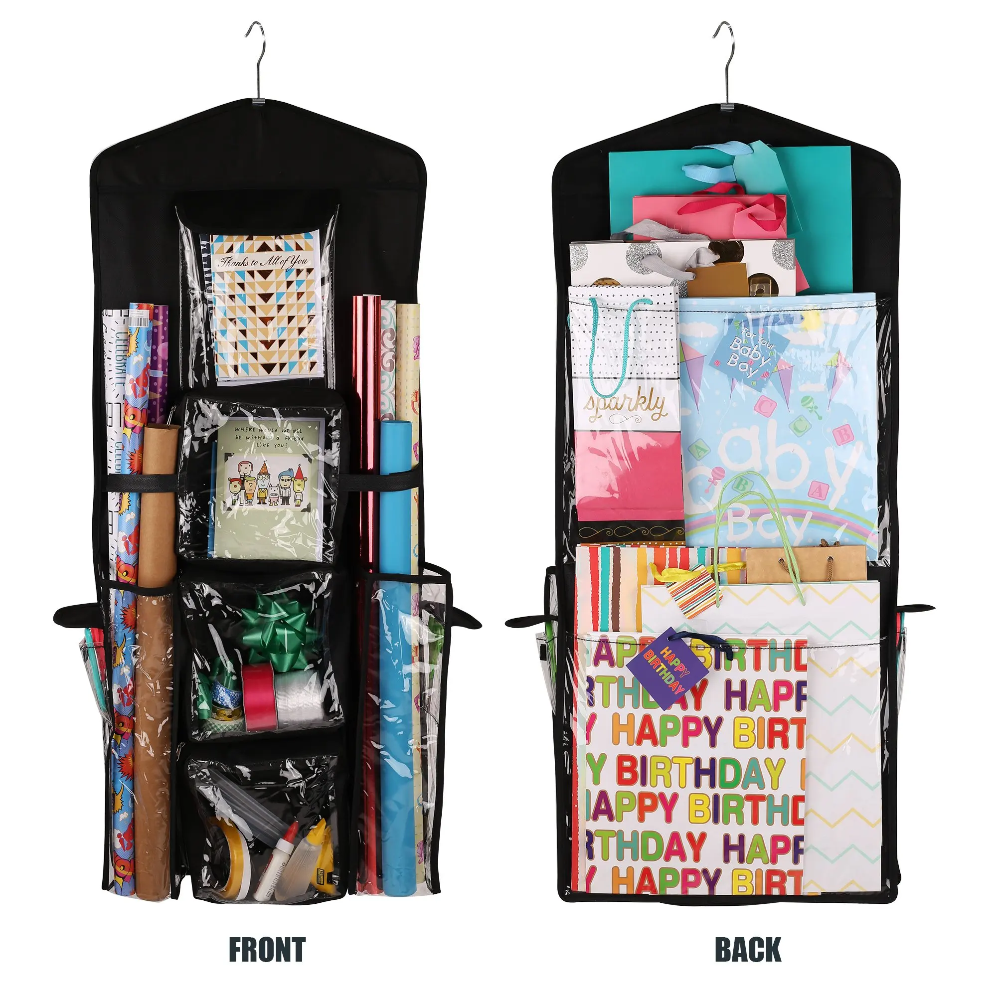 37x16 In Hanging Christmas Gift Bag Organizer with Multiple Pockets Hanging Christmas Gift Wrapping Paper Storage Gift Organizer