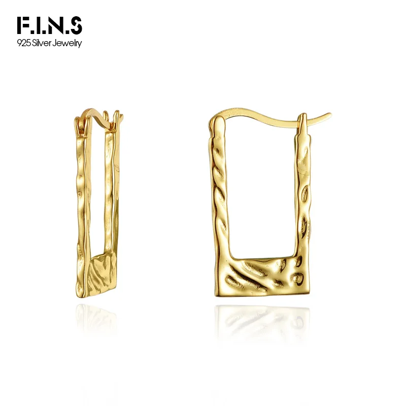 F.I.N.S Korean Fashion Geometric S925 Sterling Silver Rectangle Hoop Earrings Texture Irregular Surface Ear Buckles Fine Jewelry