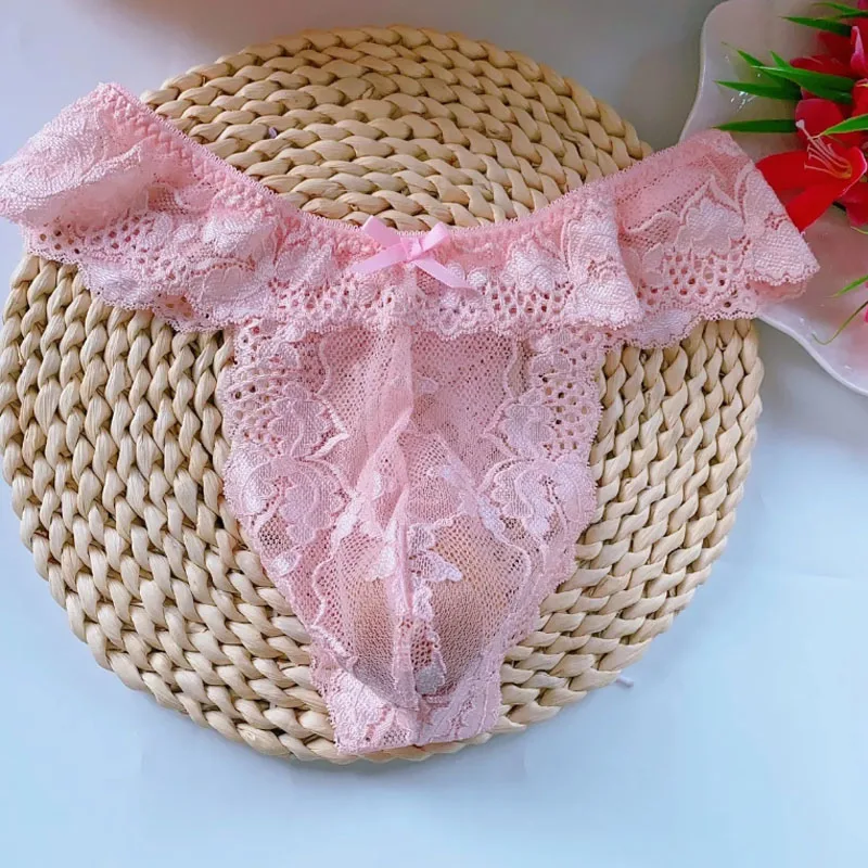 Men Pink Lace Hollowed Sexy Thong Briefs Sissy Bow Pantie G-string T-back Underwear Gay Crossdressing COS Pants shorts