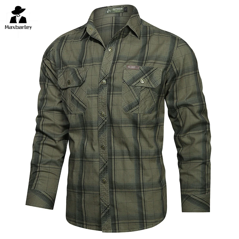 2024 New Autumn Shirt Men's Casual Retro Plaid Pocket Work Shirt Top Men's Brand Clothing Trendy Office Thin Long Sleeve Jacket