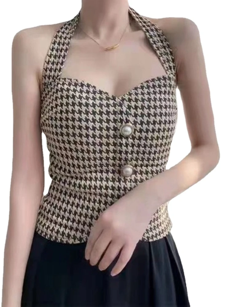 Summer New Buttons Stylish Houndstooth Halter Top for Women   Sleeveless Casual Shirt with Chic Pattern Crop Top