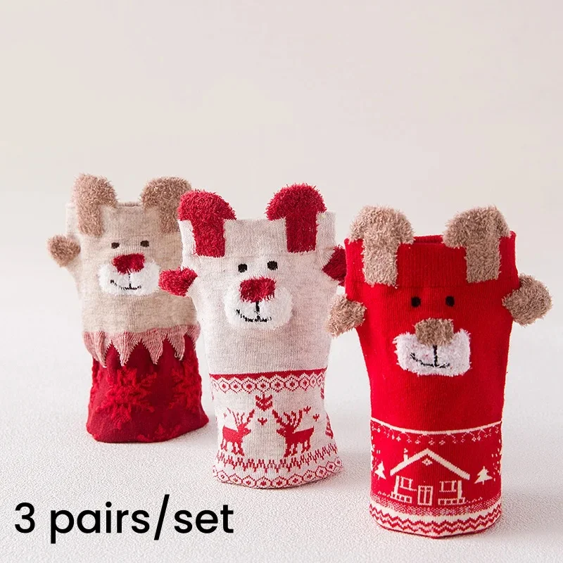 

3 Pairs/Set Cute Novelty Elk Women Girl Cotton Crew Red Christmas Socks Funny Holiday Stocking Festival Vintage Korean Kawaii