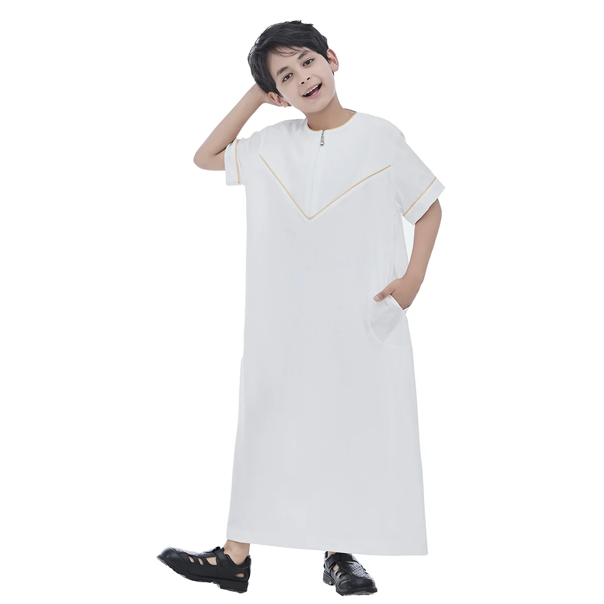 Islam Boy Warna Solid Lengan Pendek Gamis Timur Tengah Remaja Arab Gamis Djellaba Muslim Jubba Thobe Abaya Kaftan Daffah Dishdasha
