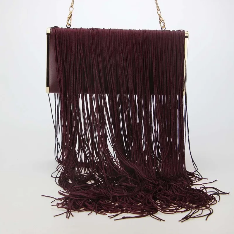 Fashionable Long Tassel Women's Evening Bag Vintage Luxury Burgundy Clutch Handbag for Wedding Party Shoulder Crossbody Purse