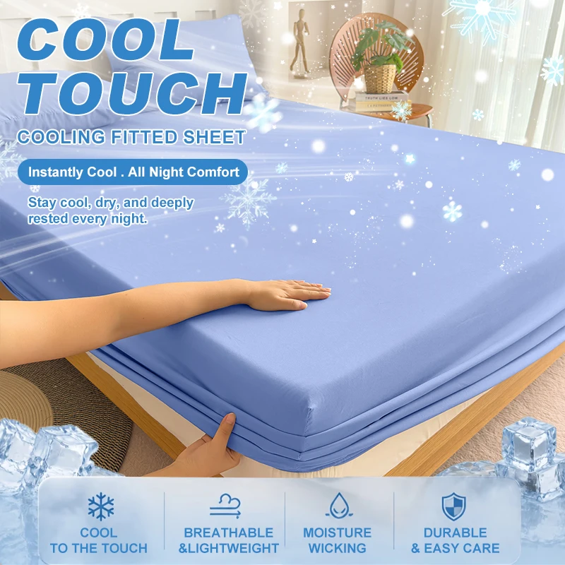 Summer Cooling Fitted Sheet Breathable Fabric With Adjustable Elastic Band Skin-Friendly Fitted Sheet Cooling For Night Sleep