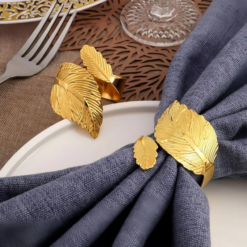 Golden Napkin Ring, Elegant Leaf Shaped Dining Table Decoration, Suitable for Christmas Wedding Party Gift Creativity