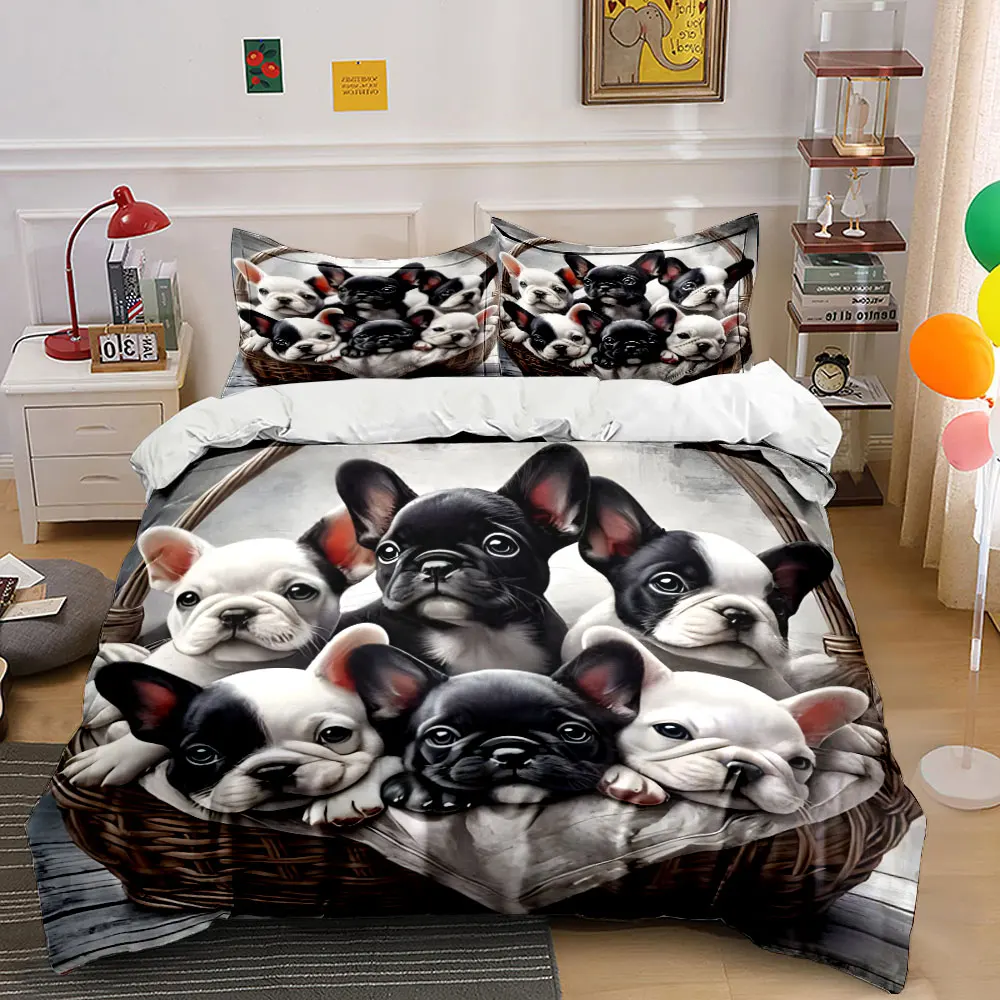 Puppies resting in a basket Pattern Duvet Cover Set Digital Print Colorful Polyester Bedding with Zipper Closur for kids gifts