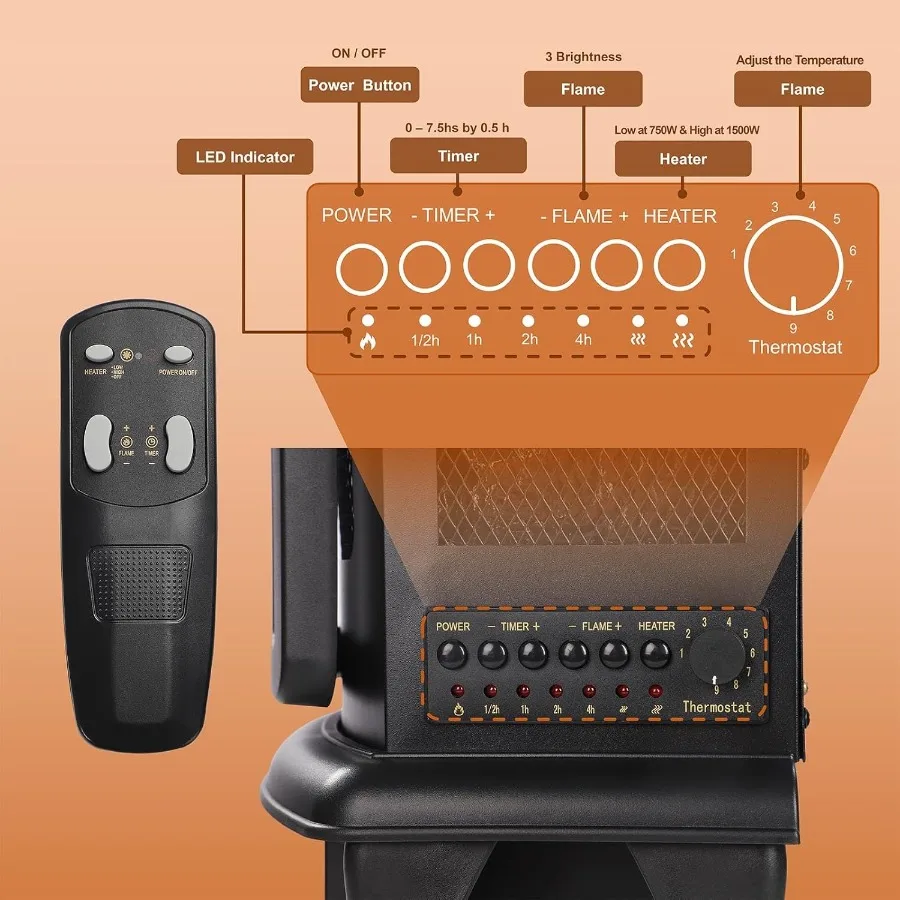 مدفأة كهربائية قائمة بذاتها مع سجلات واقعية وتأثير لهب LED ثلاثي الأبعاد للاستخدام الداخلي كسخان مساحة يتميز بجهاز تحكم عن بعد