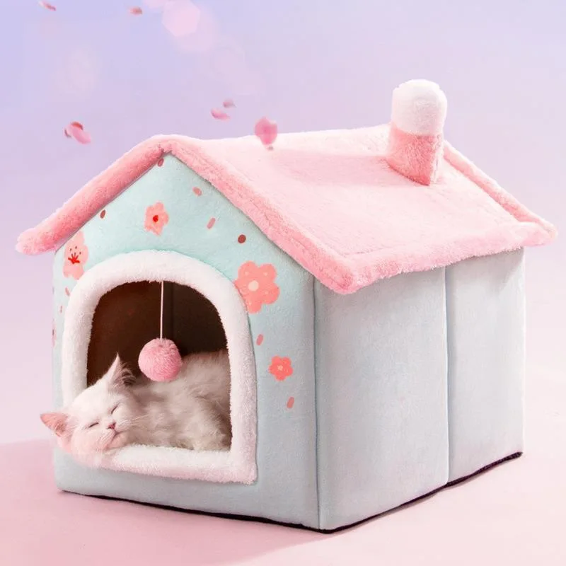 Pink Cherry Cat Kennel Autumn and Winter Warm Four Seasons House Kennel Removable and Washable Closed Cottage Dog Kennel Pet