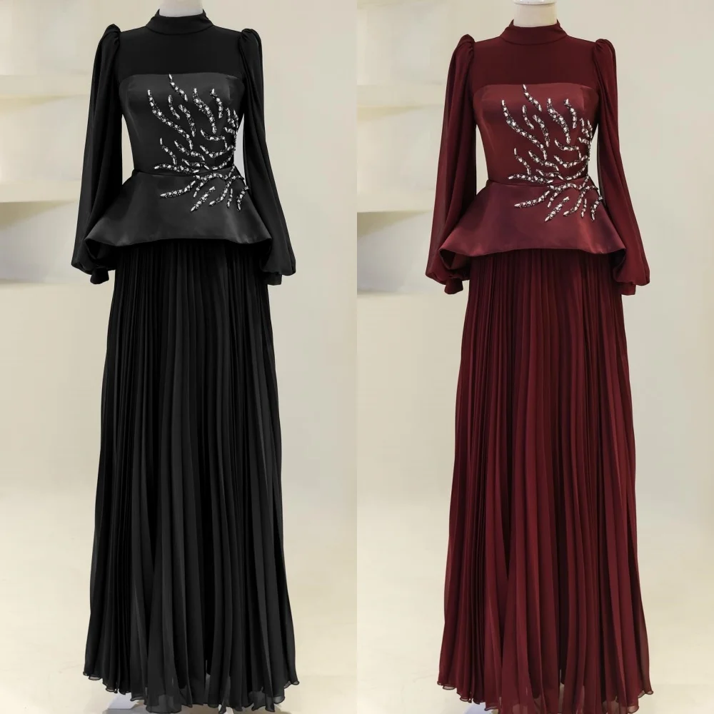 

Customized High Quality Exquisite Chiffon Rhinestone Pleat Straight High Collar Long Dresses Bespoke Occasion Dresses Matching