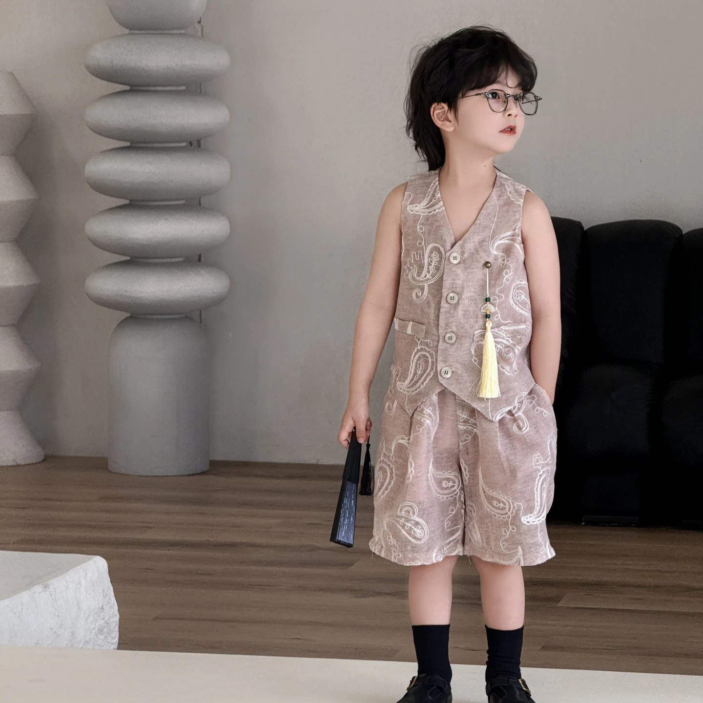 

Boys Suit 2026 Spring/summer New Childrens Wear Boys Baby New Chinese Style Embroidered Pink Vest Shorts Casual Two-piece Set