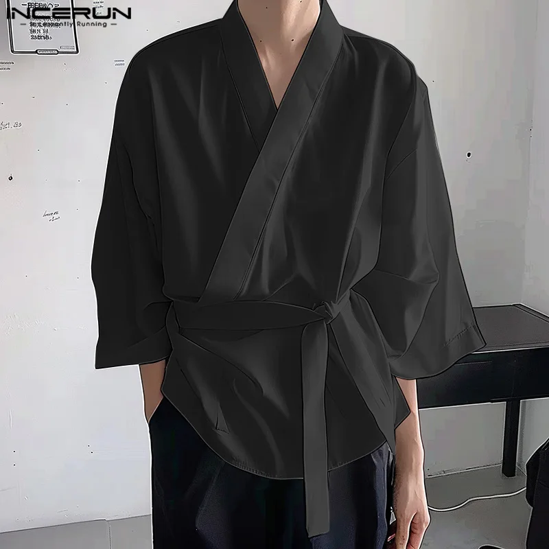 INCERUN Tops 2024 Korean Style Men Diagonal Front V-neck Tie Design Shirts Casual Simple Male Long Sleeved Cardigan Blouse S-5XL