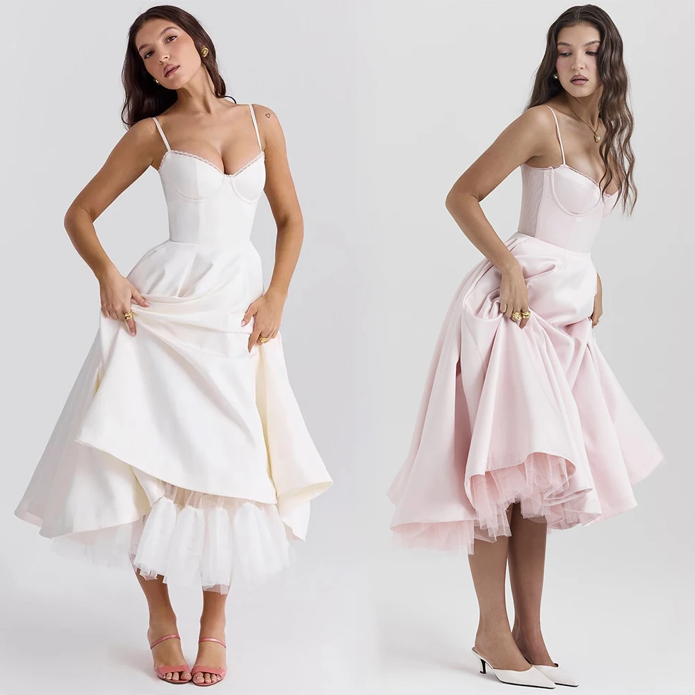 Spaghetti Strap Off Shoulder Ruffle Swing Black Midi Dresses A Line Wedding Evening Party Maxi Dress Elegant Cocktail Flowy Gown