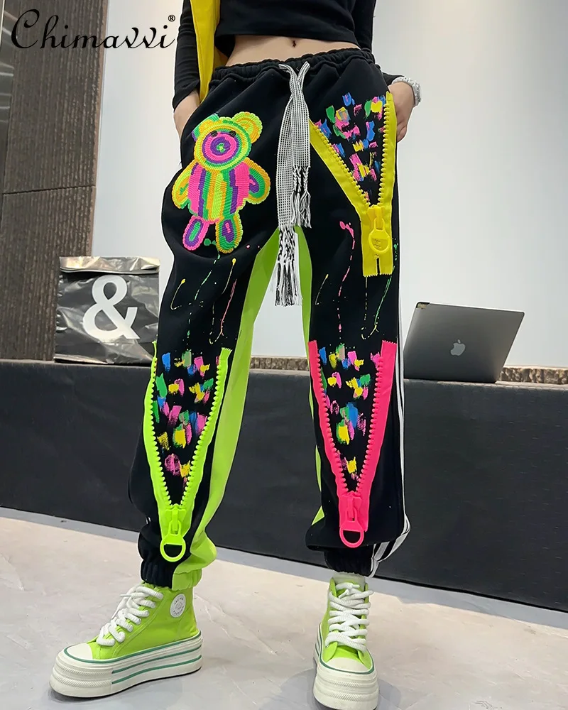 American High Street Hip Hop Graffiti Printed Casual Pants Women's 2024 Autumn New Loose High Waist Skinny Tie Sweatpants