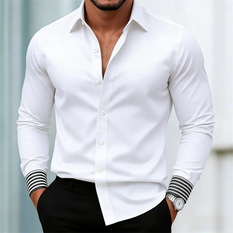 새로운 남성용 슬림핏 흰색 긴팔 셔츠, 스트라이프 소매, 편안하고 다재다능한 비즈니스 캐주얼 셔츠.