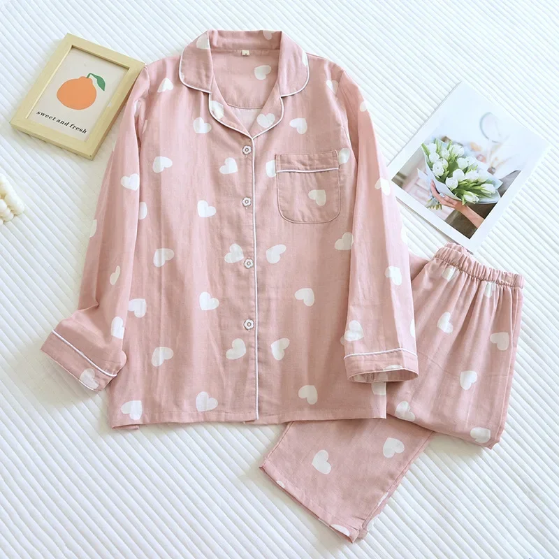 

New Spring and Autumn Pajama Set Women's 100% Cotton Long Sleeve Pants Two Piece Love Lovely Sweet Home Furnishing Set