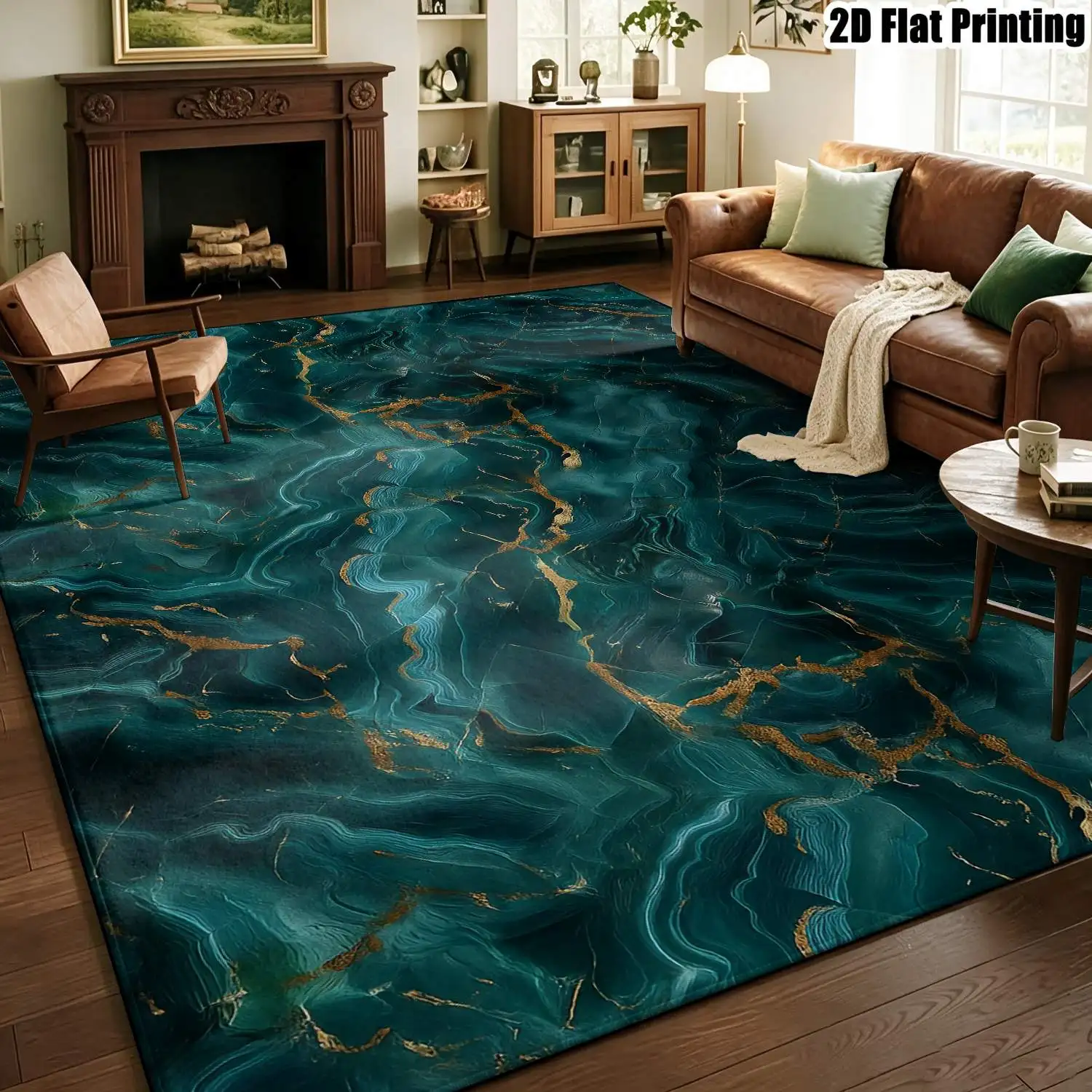 1Pc 2D Printed Carpet: Dark Green & Gold Abstract Art Pattern Nordic/Instagram-Inspired, Modern Minimalist Vintage European Floor Mat for Home Decor, Machine Washable, Multi-Size, Suitable for Entryway, Dining Room, Bedroom, Living Room.