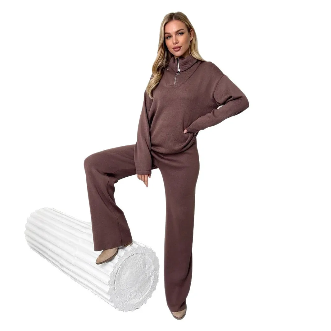 Auutmn feminino 2 peça outfir lapela gola meio zip solto pulôver feminino swetaer minimalsit cintura elástica calças de malha para senhora