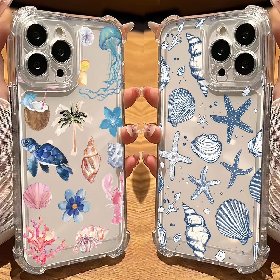 Colorful Marine Organism Phone Case For iPhone 16e 16 15 14 13 12 11 Mini Pro Max X XR XSMax 7 8 Plus Anti Fall Transparent