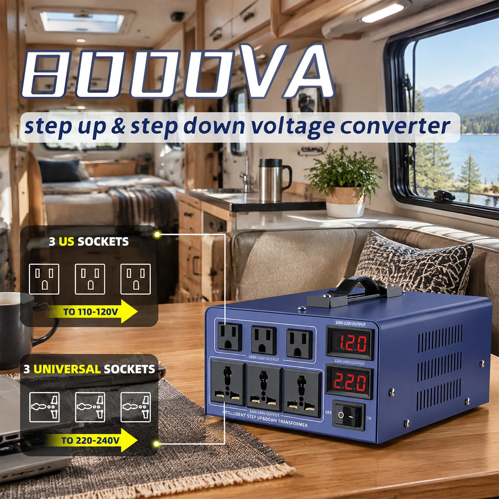 8000VA Peak 4000VA WATT Voltage Converter Transformer, Heavy Duty Step Up/Down Power Transformer, Convert from 110V to 220V and 220V to 110V, with EU Outlets, US Outlets, Power Cord, Circuit Breaker Protection for Traveling Camping