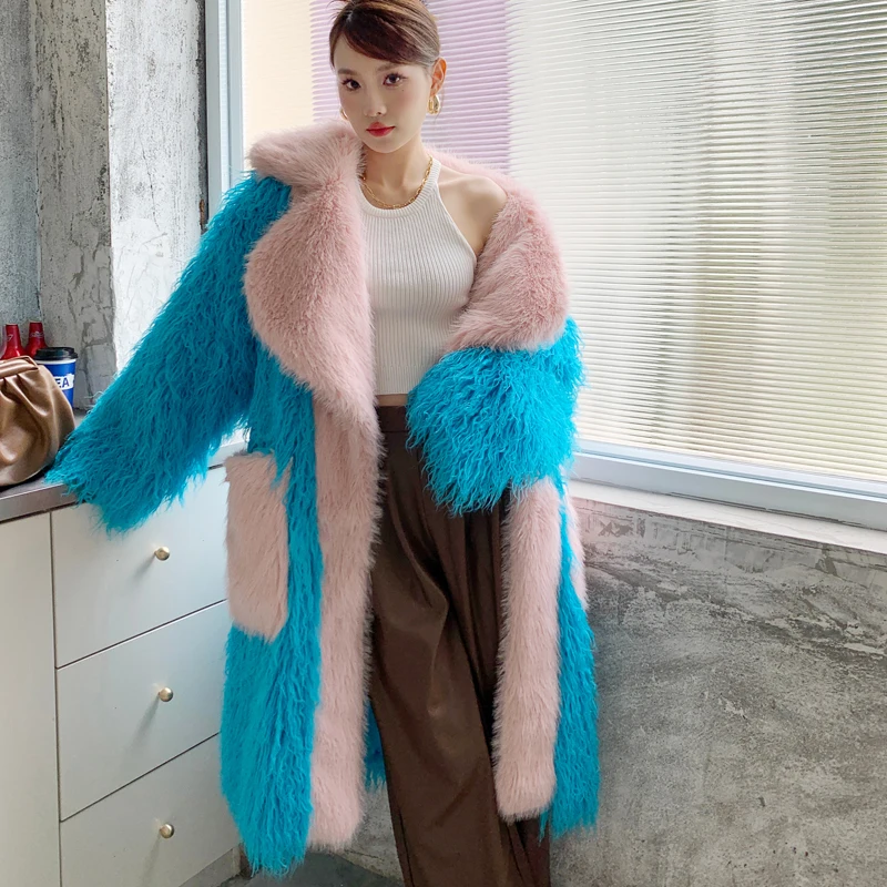 Original Design Blue Faux Fur Coat Female Fashion Baggy Lapel Long Jacket Lady Shaggy Outerwear Women\'s Winter Coats Promotion