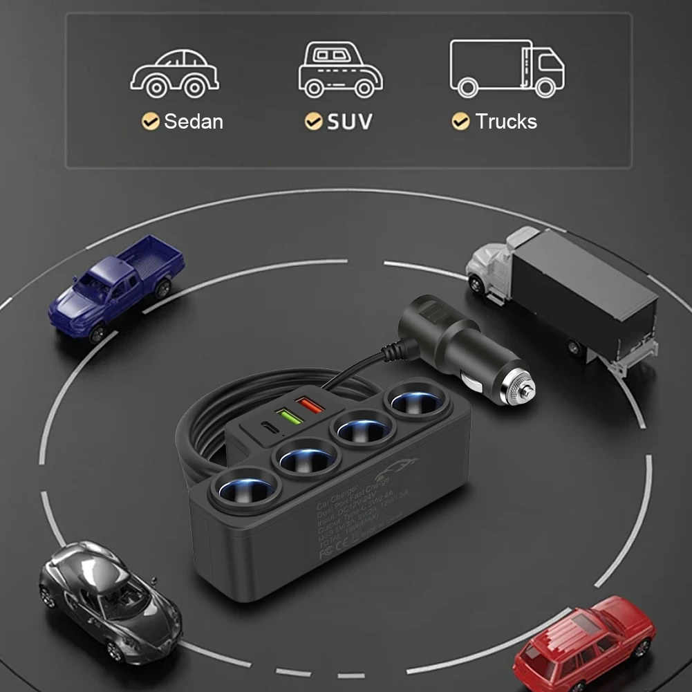 Car Cigarette Lighter Adapter QC3.0+PD 3.1A 3 USB Ports 3 USB Socket 4-Socket Car Cigarette Lighter Splitter Phone Power Adapter