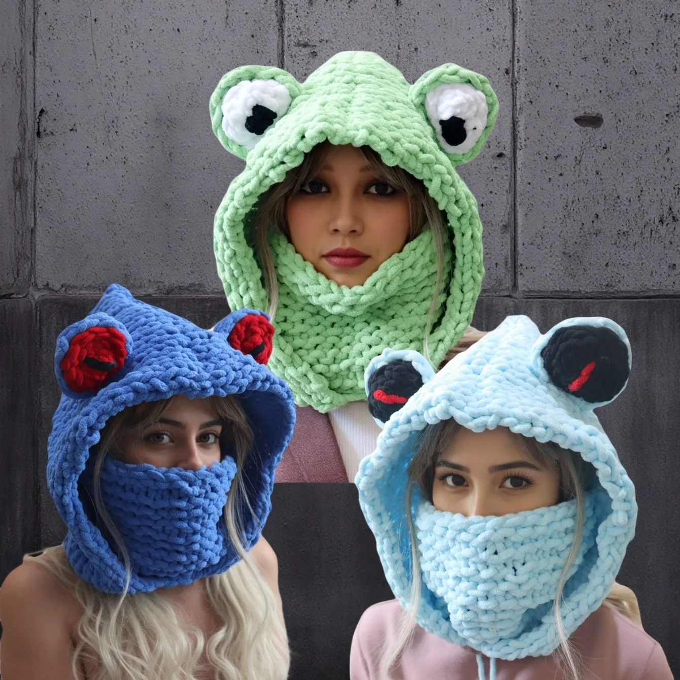 Hand-knitted frog balaclava/hood—thick, warm, and stylishly edgy for a 