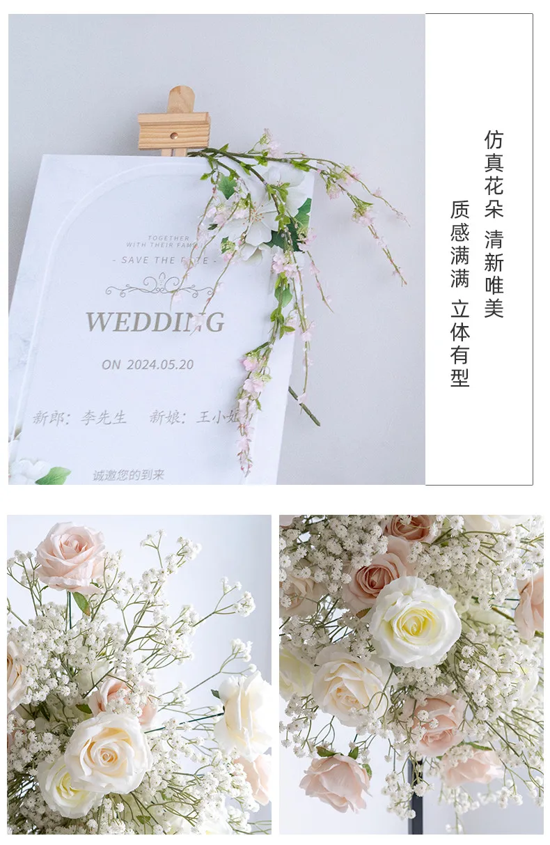 Künstliches Hochzeits-Hintergrund-Blumenset Rosen Schleierkraut Blumenarrangement für Party Zeremonie Fotobox Hintergrund Wanddekoration – Detail 6