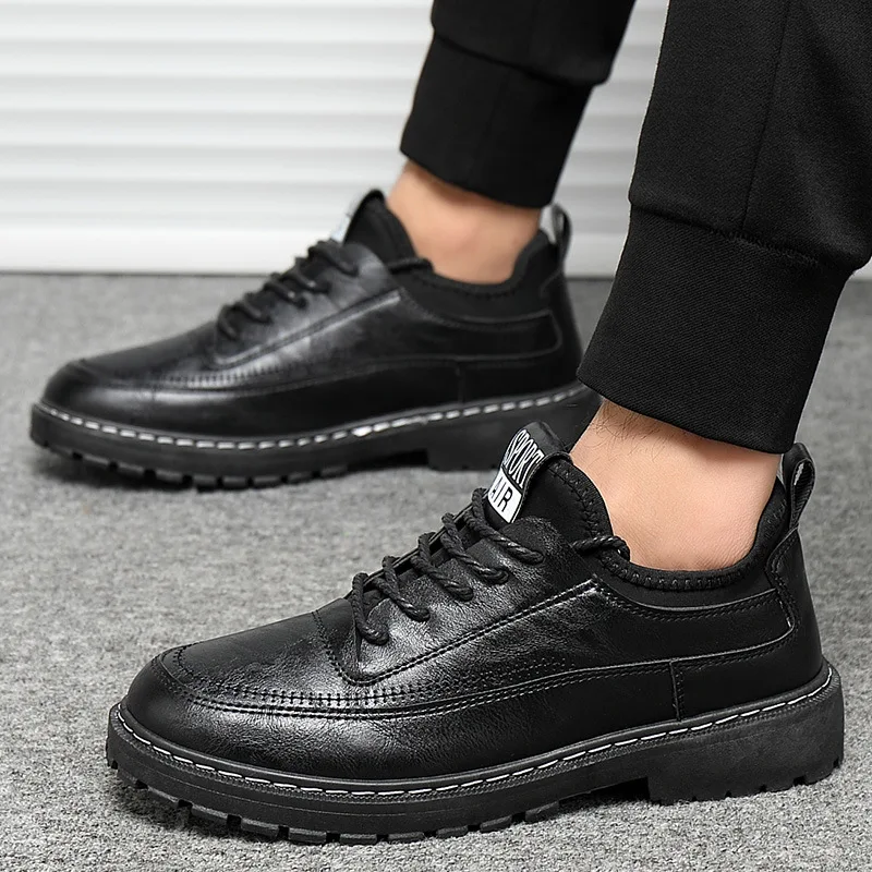 2025 Men Leather Platform Oxfords Slip on Thick Bottom Men's Derby Shoes Casual Loafers Mens Square Toe Formal Dress Shoes