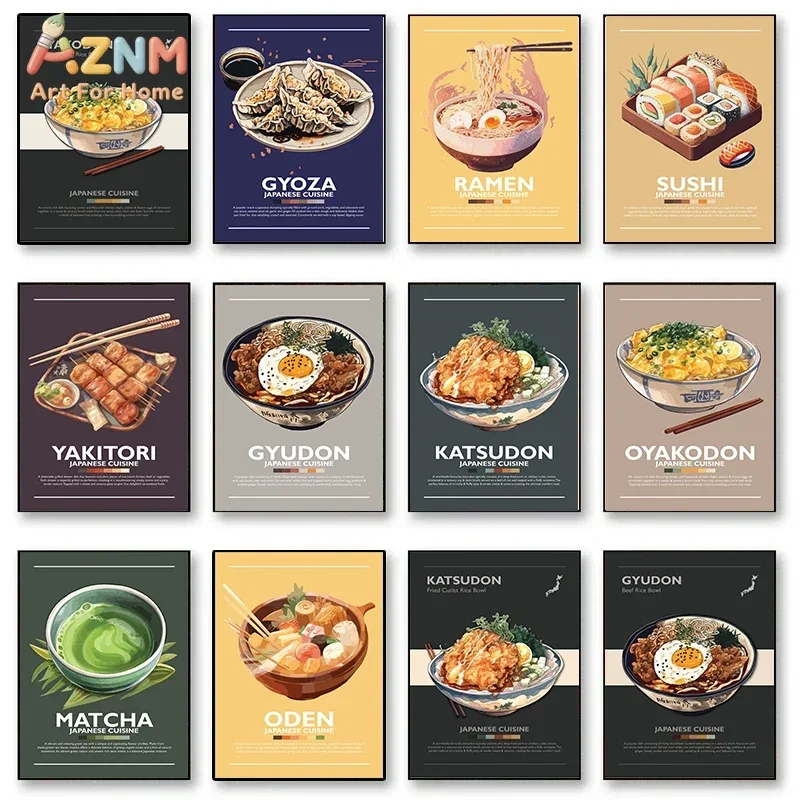 AZNM Japanese Food Canvas Wall Art, Ramen Sushi Gyoza Matcha Traditional Cuisine Poster Print, Unframed Canvas Painting for Kitc