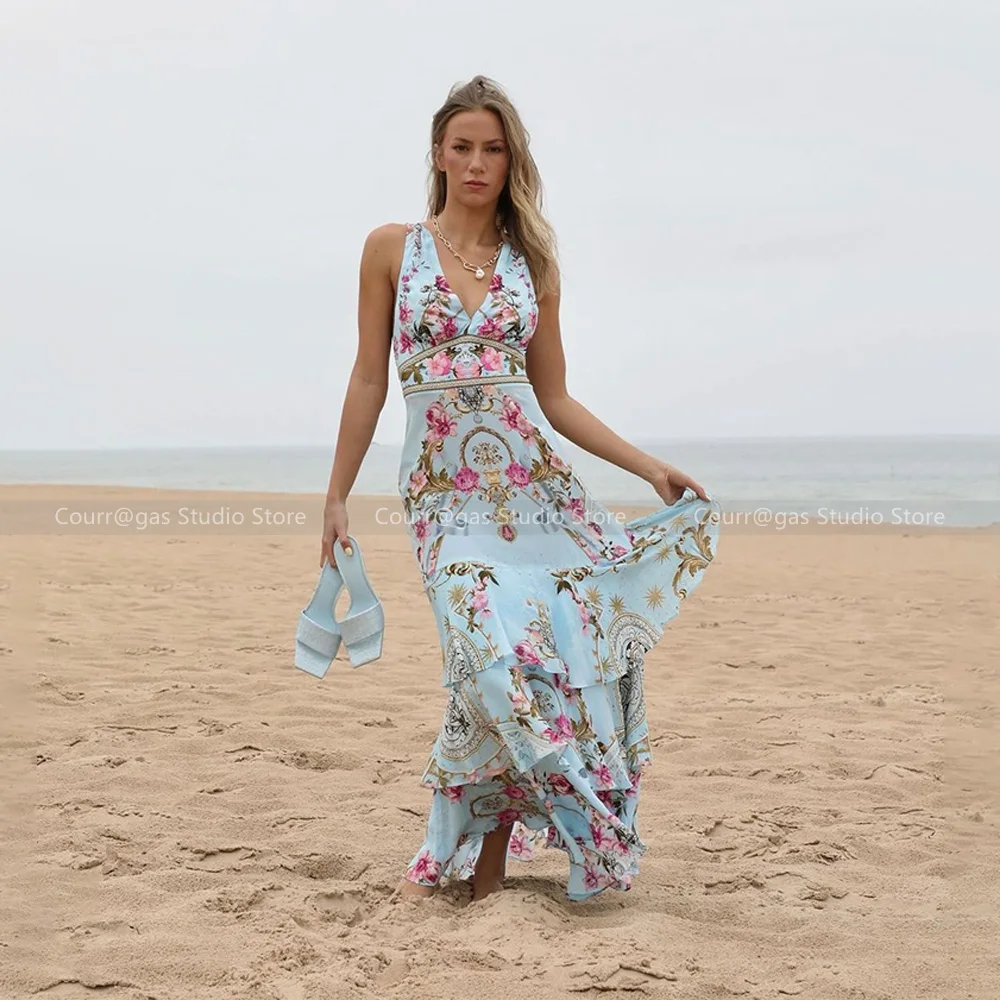 

Australian niche noblewoman holiday style silk blue printed V-neck sleeveless waisted dress long dress