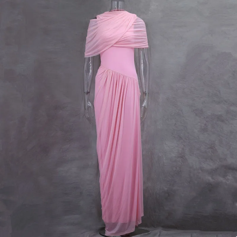 Elegante zomer onregelmatige sjaal ruches maxi-jurk dames slanke hoge taille lange jurk vrouwelijke avondclub feestjurken