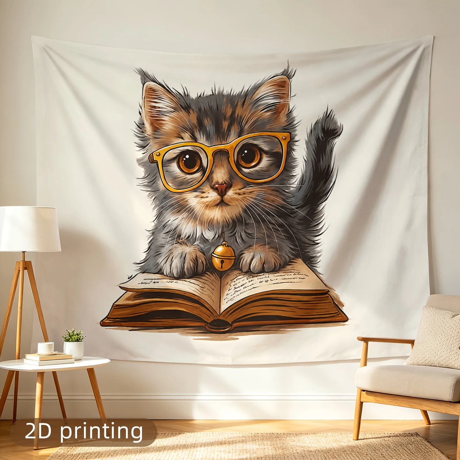 Tapisserie murale fantaisie Chat Savant, Impression artistique, Illustration d'animal mignon lisant un livre, Décoration intérieure pour amoureux des chats académiques, Polyes