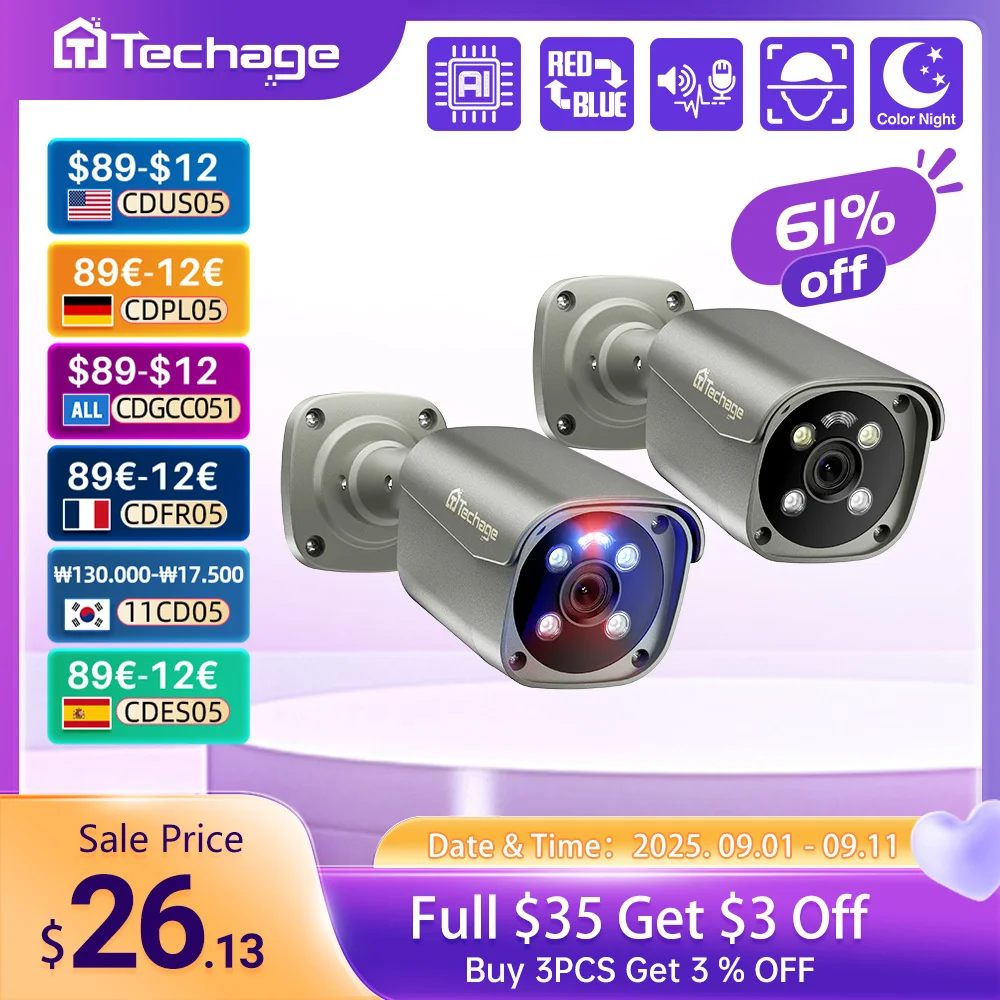 

Techage UHD 5MP 4K 8MP камера безопасности POE Smart AI Человек обнаруживает наружное двустороннее аудио IP камера Color Night