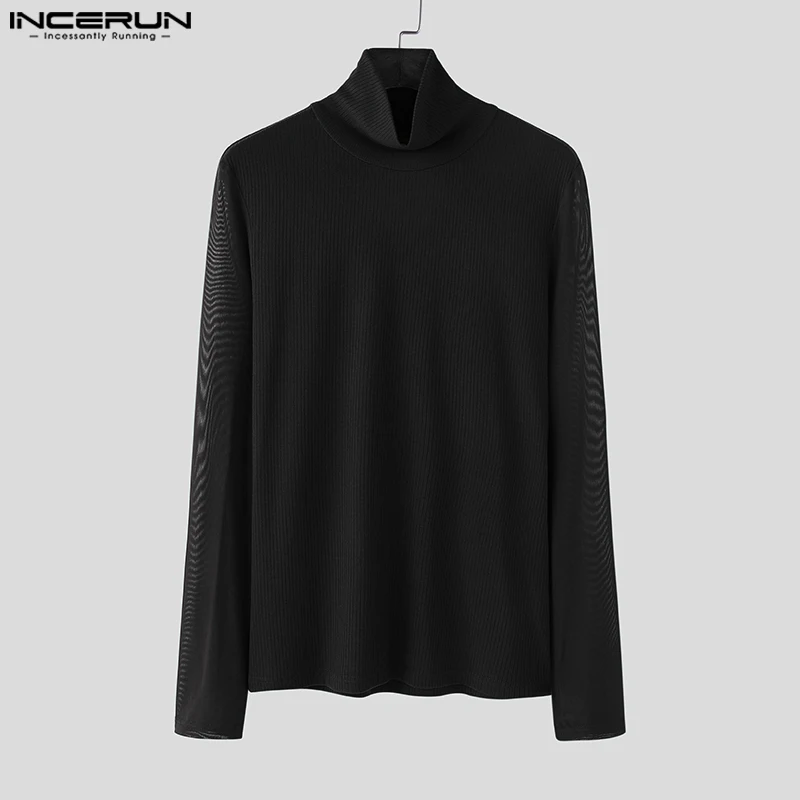 2024 INCERUN American Fashion Tops Men Casual High Collar Solid T-shirts Striped Lace Splicing Long Sleeve Tees Elegant Outfits