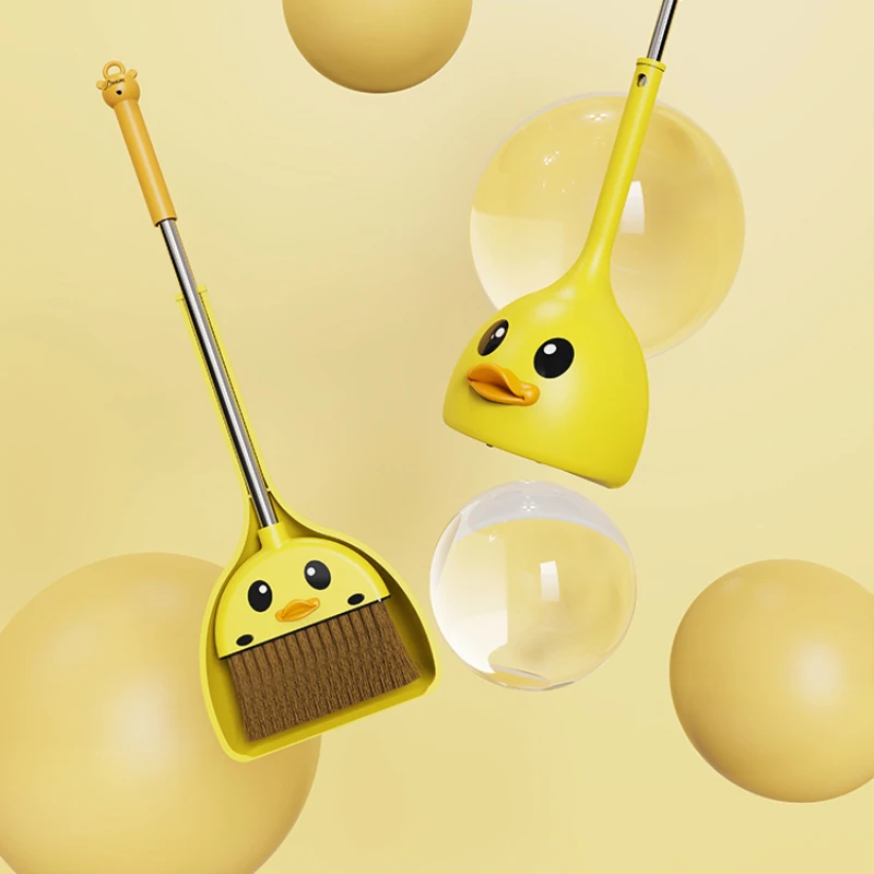 Children's Cartoon Little Yellow Duck Broom & Dustpan Set Lightweight Floor Cleaning Combination Tool for Kids