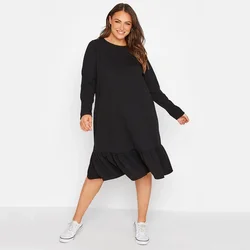 Plus Size Elegant Autumn Dress Long Sleeve Black Frill Midi Ruffle Dress Large Size Loose Work Office Straight Cotton Dress 8XL