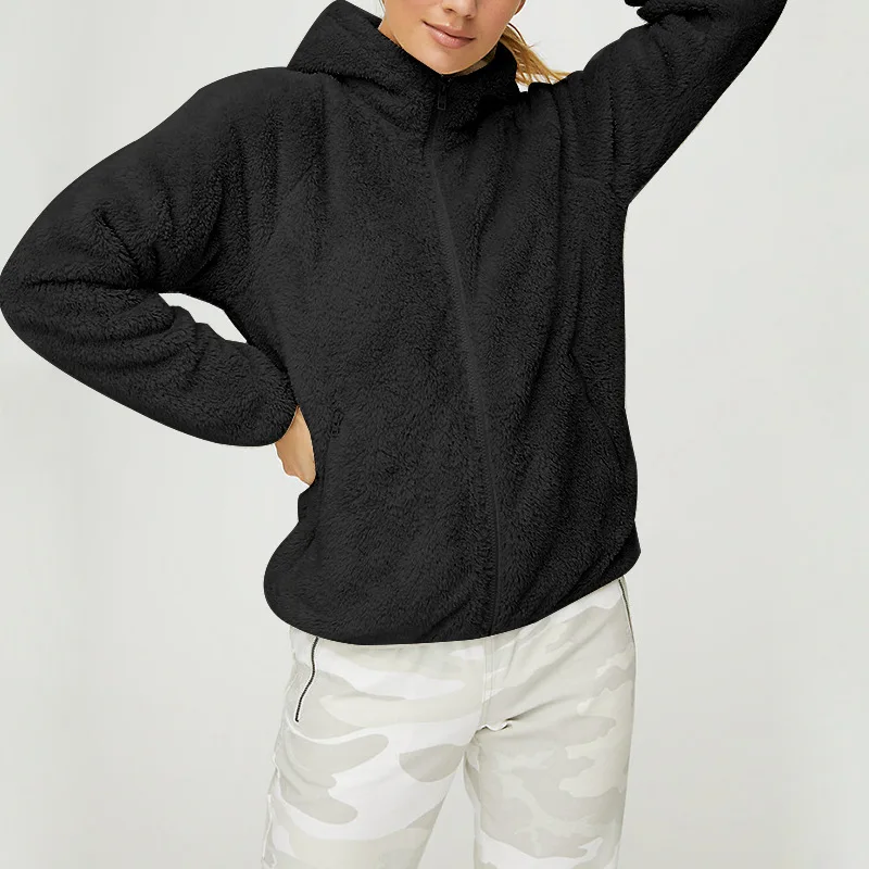 Women Faux Fur Hooded Pocket Jacket Ladies Winter Wool Polar Fleece Zip Tops Casual Solid Color Long Sleeve Teddy Jacket