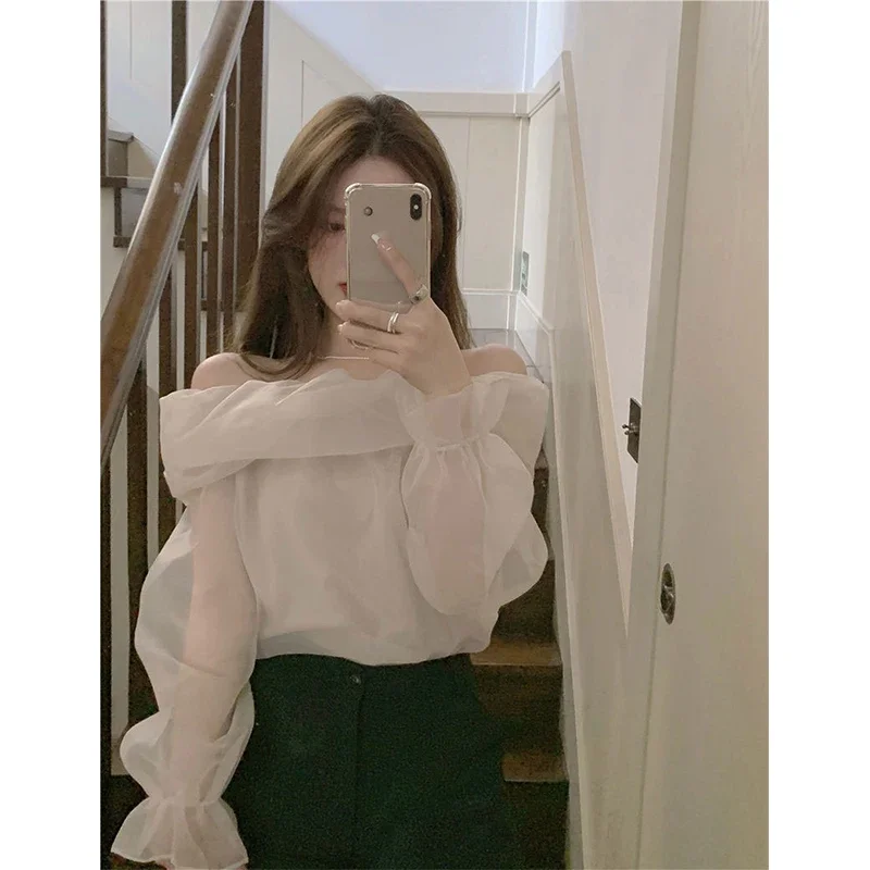 Mexzt เสื้อคอปาดผู้หญิงเสื้อเบลาส์เปิดไหล่ผ้าตาข่ายอ่อนหวานสำหรับสาวออฟฟิศเสื้อหรูหราเข้ารูปแขนยาวสุดชิค