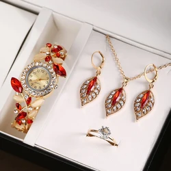 2PCS New Fashionable Leaf Diamond Decorative Women's Quartz Watch Exquisite Trend