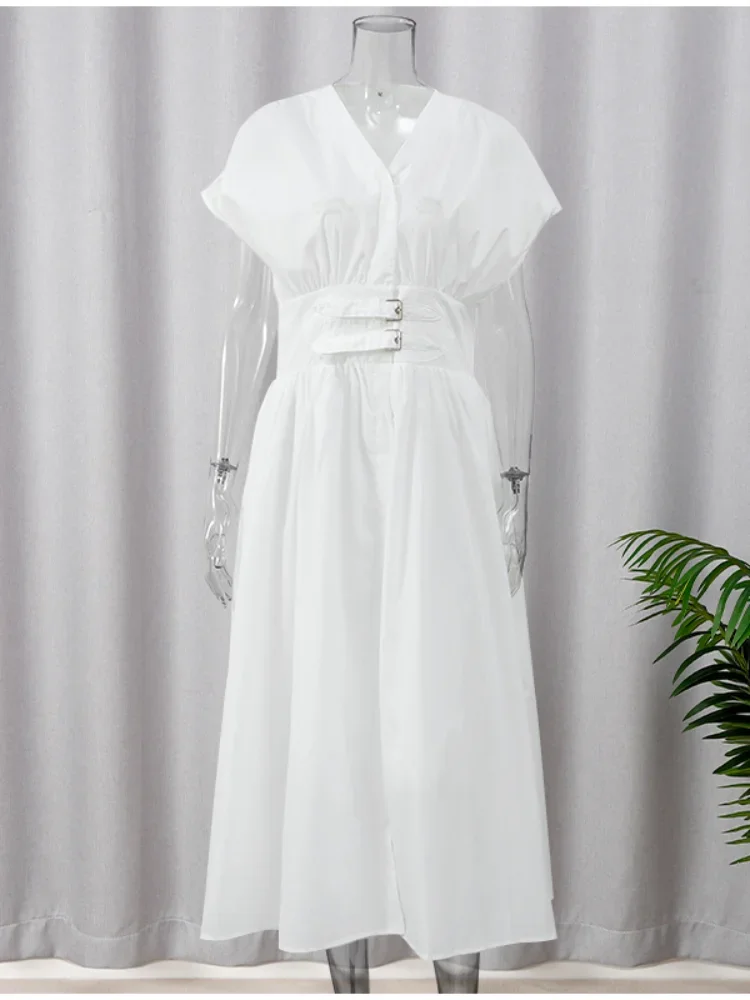 Moda biała długa sukienka na imprezę 2024 damska elegancka plisowana talia z paskiem latającymi rękawami szata biurowa nowa dama sukienki uliczne