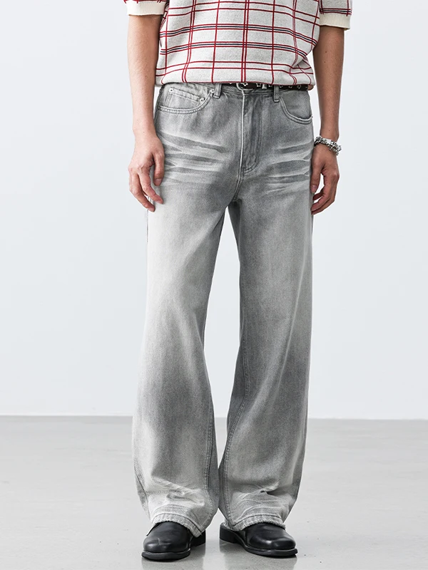 

American Retro Waed ey White Denim Jeans Men Loose Casual Slim Straight Floor-Length Pants Faion Urban Sle Cotton Pol...