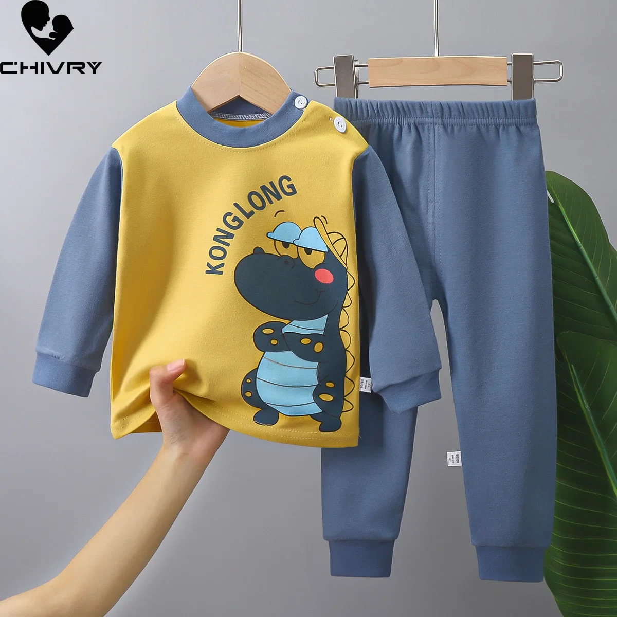 Pijamas cálidos de otoño para niños y niñas, camiseta de manga larga con dibujos de dinosaurios y pantalones, conjuntos de ropa para niños pequeños,